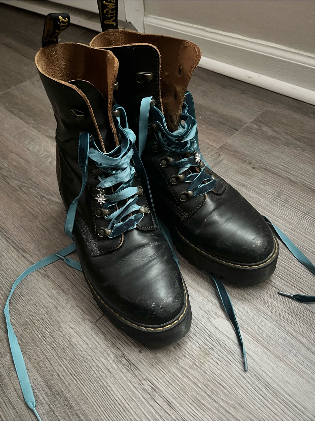 Dr. Martens Black Leather Combat Boots With Teal Laces